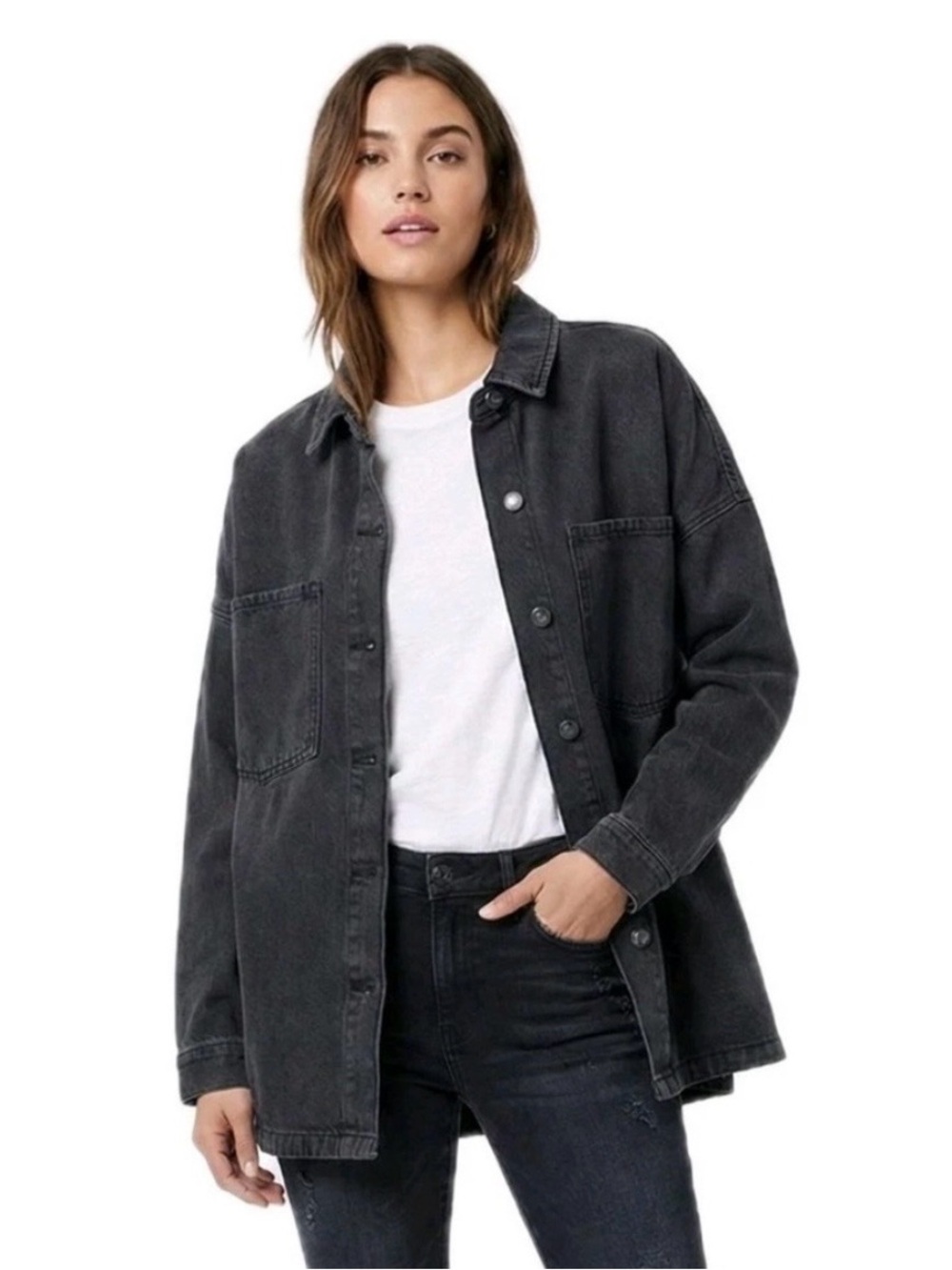 Hudson Oversized Black Washed Denim Shacket Jacket